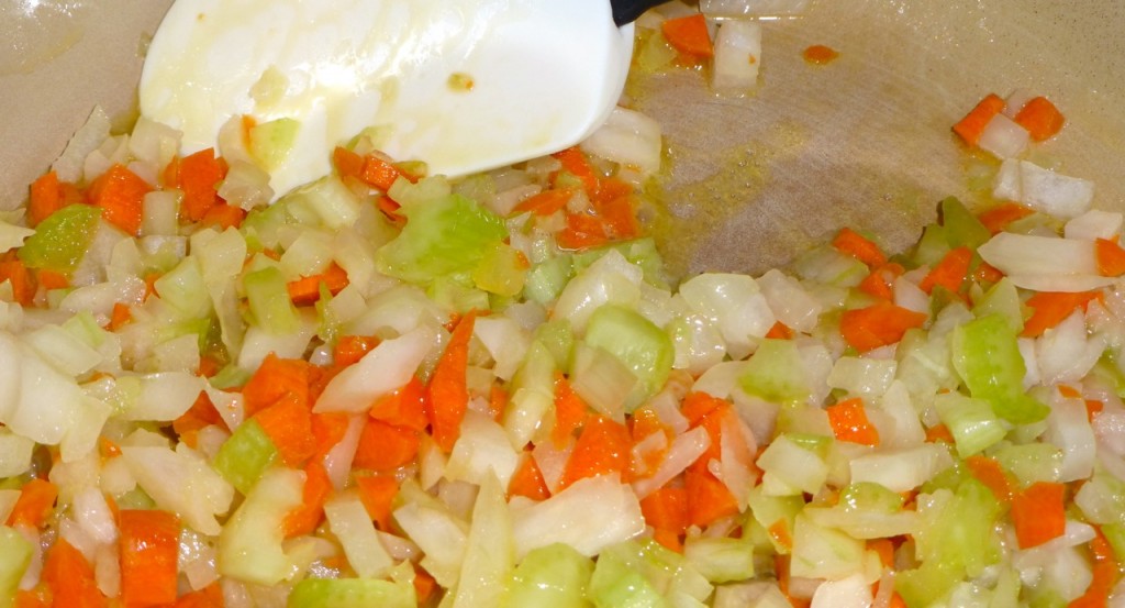 Cook onion, celery and carrot in butter