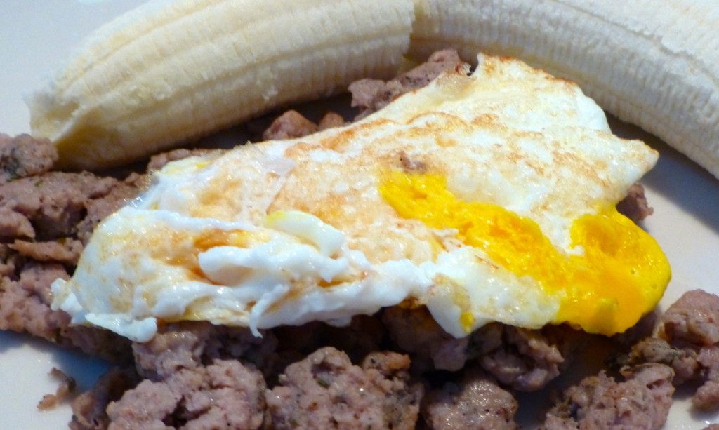 Paleolithic Breakfast, Ground turkey with spices, one egg over easy and a banana