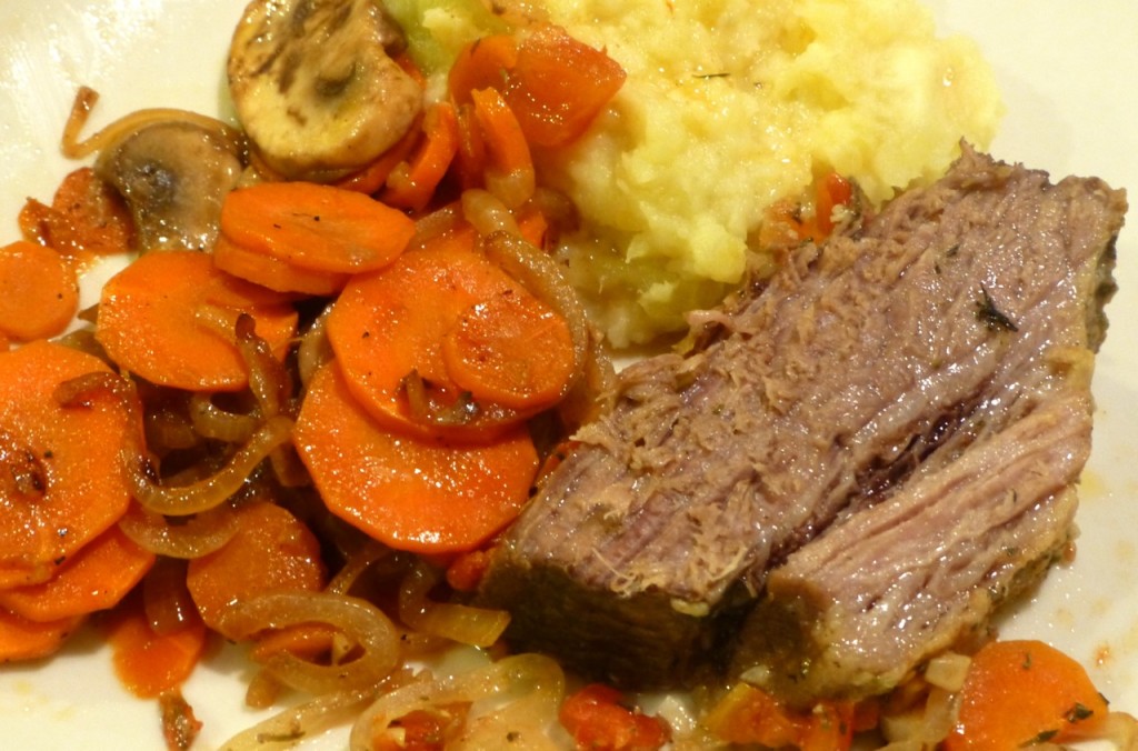 Beef brisket with mashed sweet potato and carrot salad