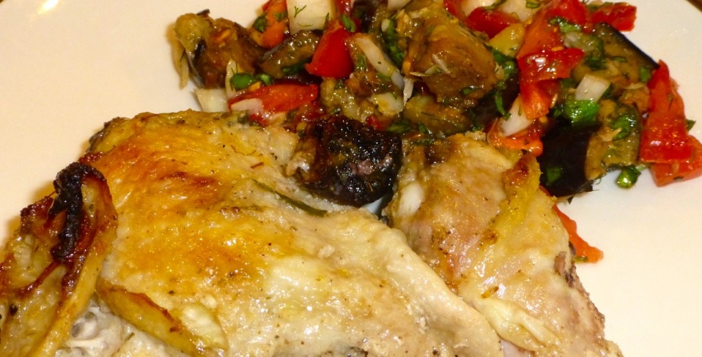 Chicken Marbella with Roasted Eggplant and Garlic Salad