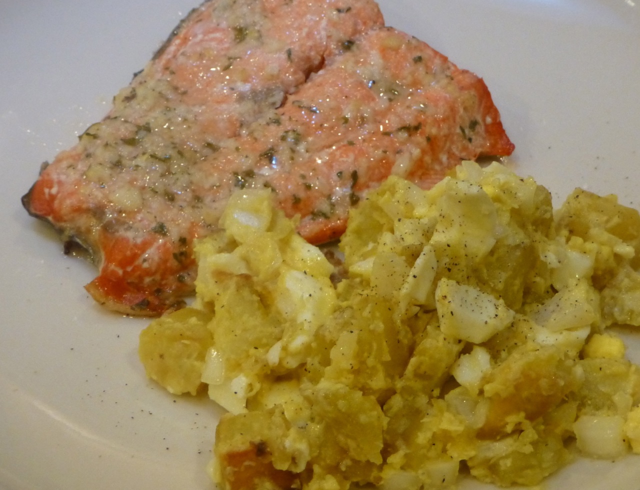 Egg and Potato Salad with Baked Salmon