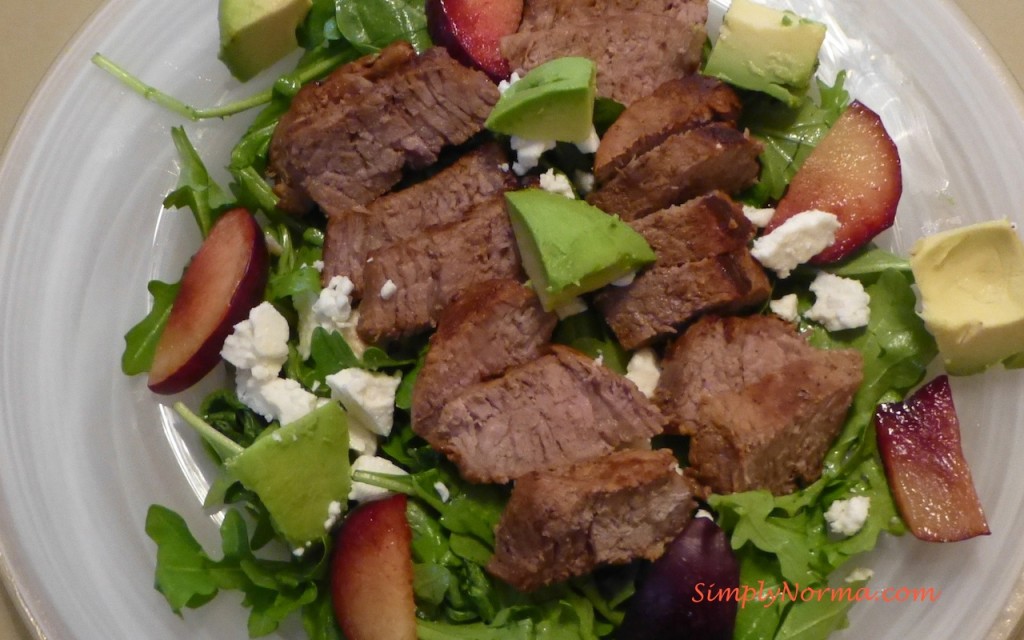 Beef Strips Salad with Plums and Feta Cheese