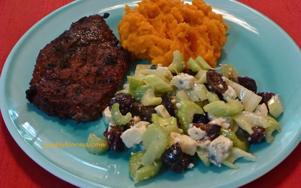 Celery, Fig, and Gorgonzola Salad with Steak and Mashed Sweet Potatoes