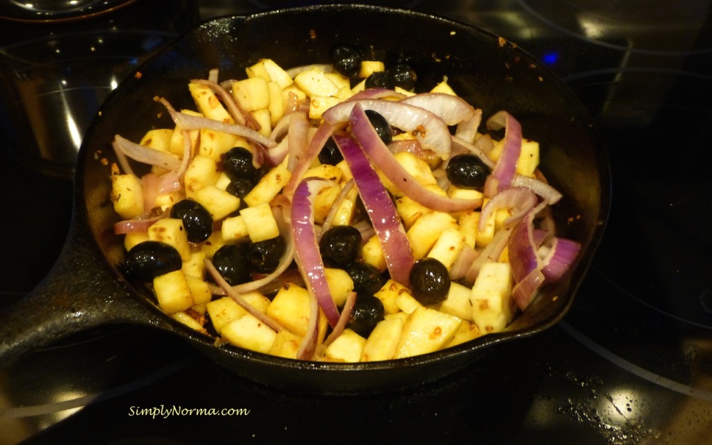 Cook the potato, olives, red onion and garlic
