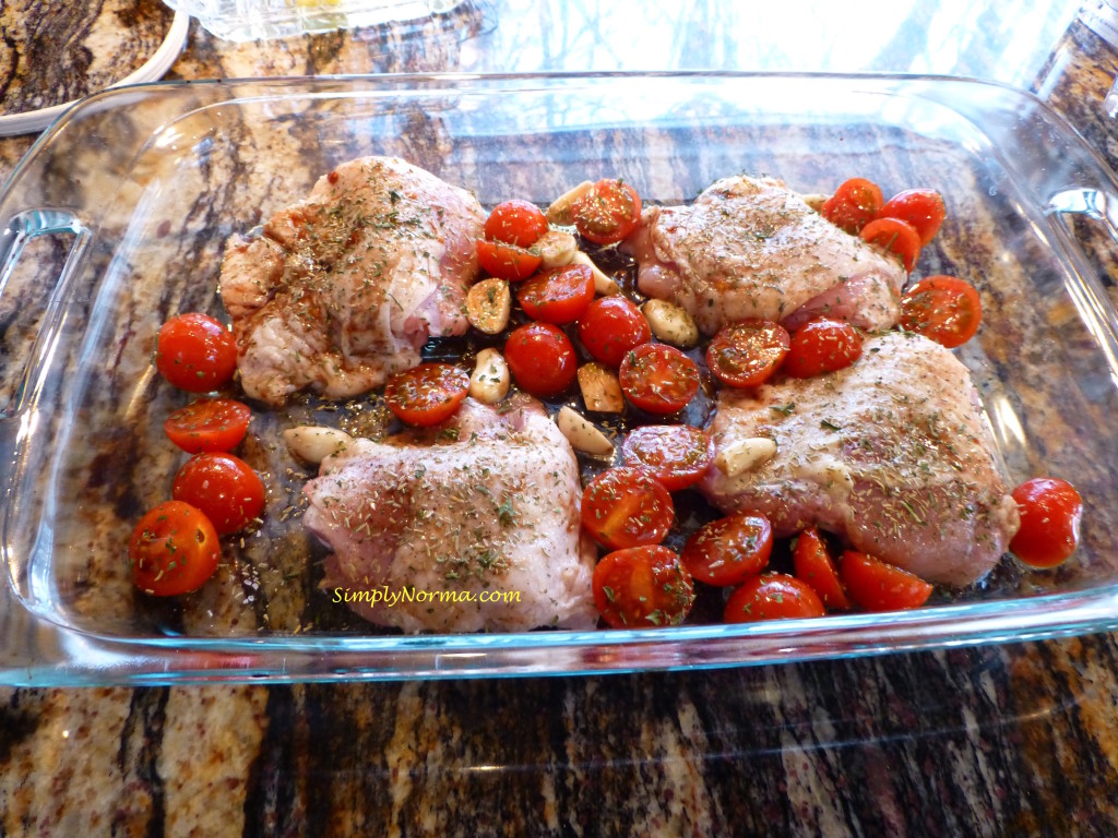 Mix Ingredients for the Baked Chicken with Cherry Tomatoes and Garlic