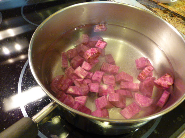 Boil the purple sweet potatoes